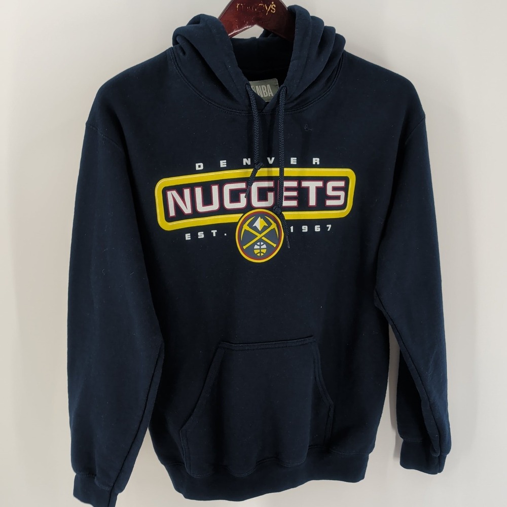 Vtg Denver Nuggets Basketball NBA Mens Navy Blue Spellout Pullover Hoodie Size S